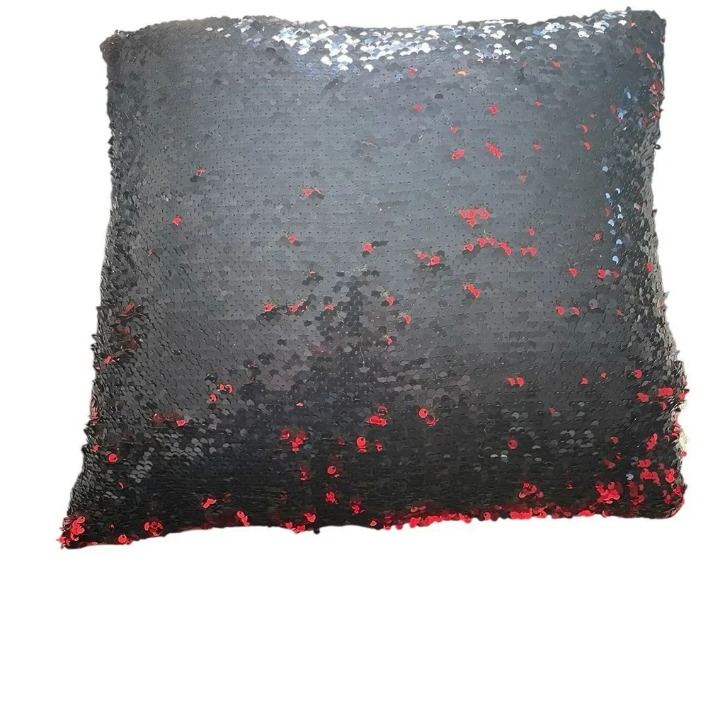 Red and black flip sequin throw pillow 16” square decorative glam goth EUC